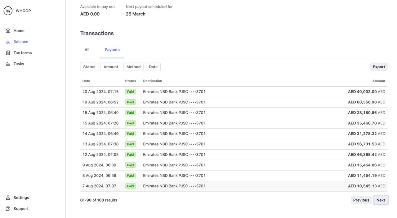 WHOOP payout records August 2024